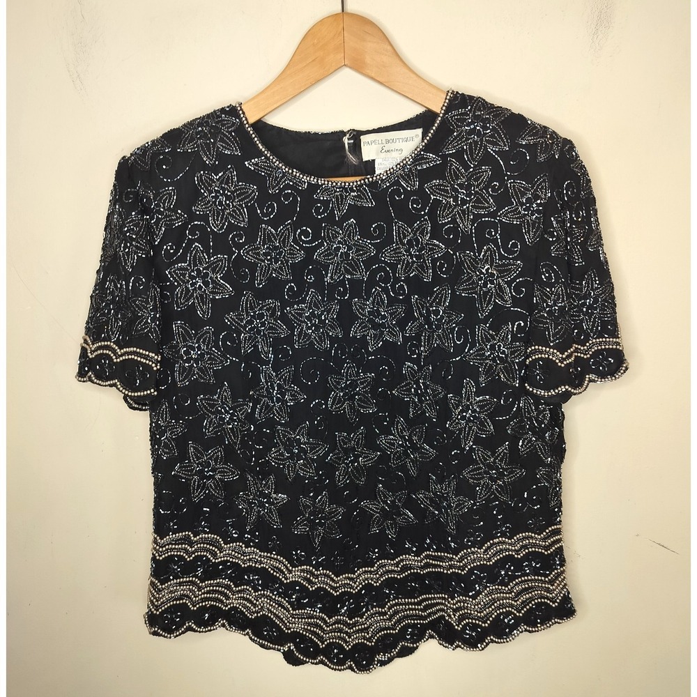 Papell Boutique‎ Evening Silk Beaded Floral Top Short Sleeve Event